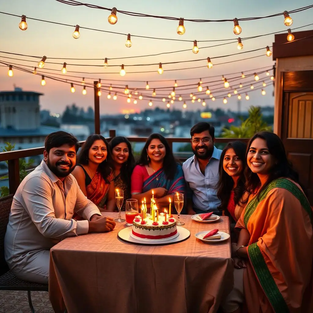 A restaurant table set for a birthday celebration with cake and décor