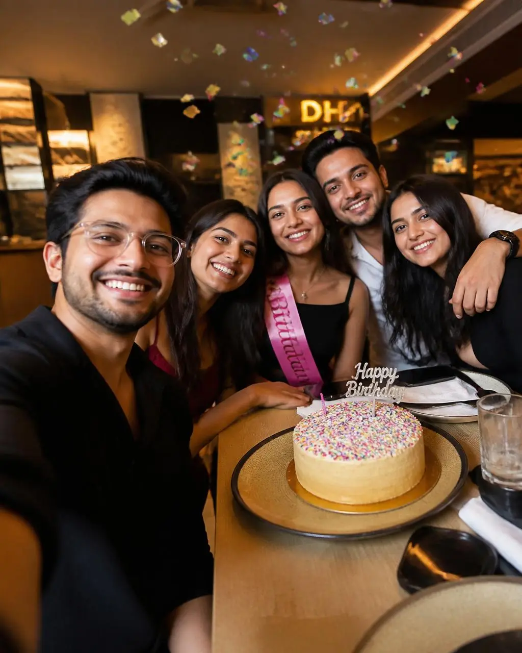 Friends taking a birthday selfie at a restaurant