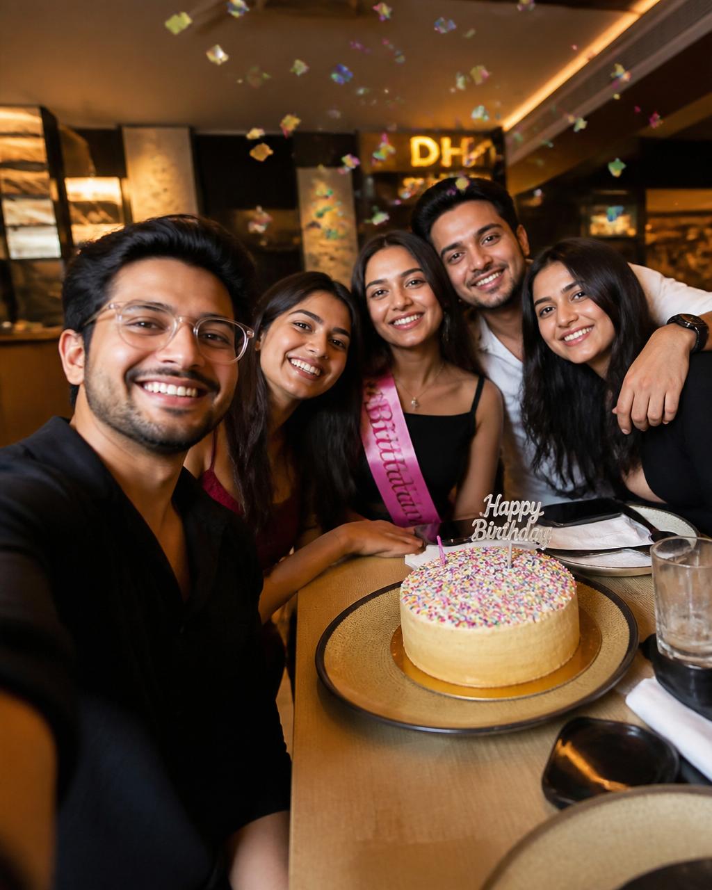 Friends taking a birthday selfie at a restaurant
