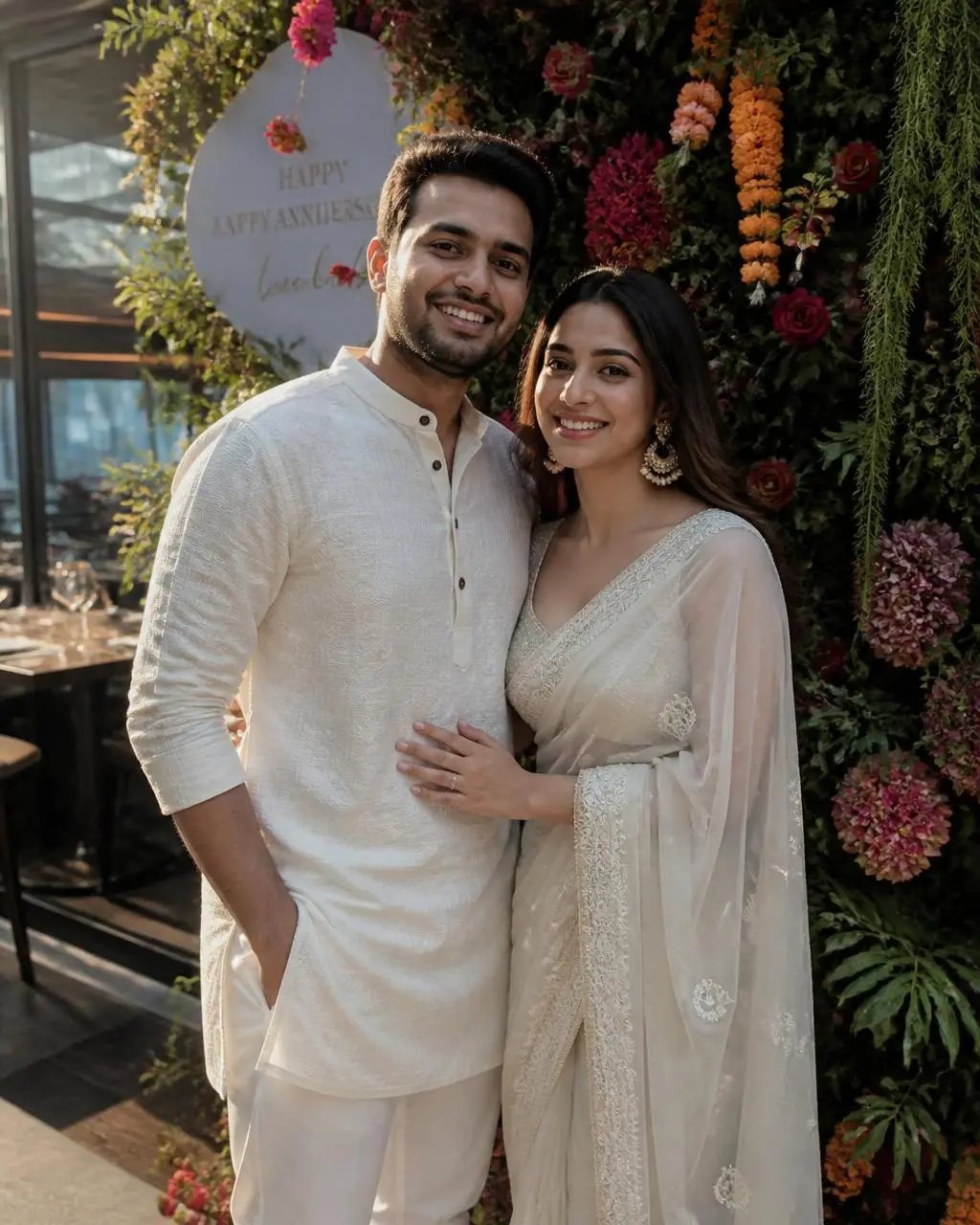 Anniversary couple in front of a floral memory wall