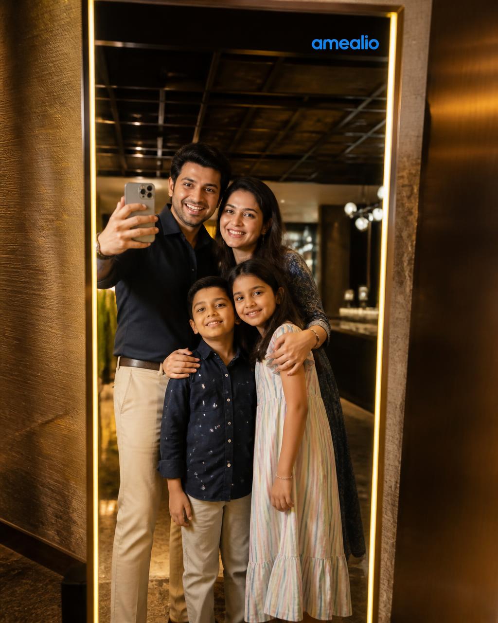 Family selfie at an amealio-branded selfie mirror