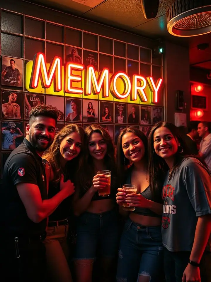 Friends at a neon memory wall
