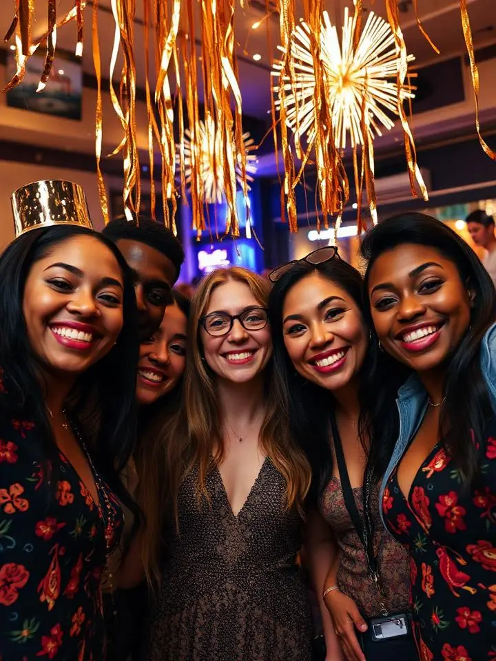 Friends selfie with metallic streamers